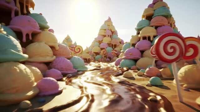 Whimsical candy land landscape featuring swirling chocolate river and lollipop trees under bright sun
