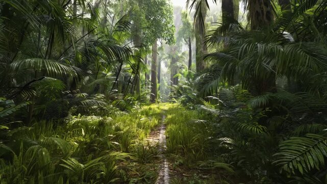 Side dolly movement skimming forest floor while looking up through thick tropical canopy, natural dappled light