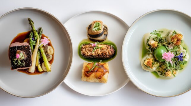 multi-course tasting menu preview, three elegant plates