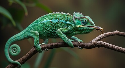 Obraz premium Vibrant green chameleon perched on branch, devouring insect prey in natural habitat