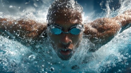 Olympic Butterfly Swimmer Mid-Air with Arms Extended &ndash; Dramatic Splash Freeze Frame Sports Action