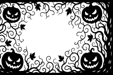 Halloween pumpkin frame with bats cats and autumn decorations vector illustration