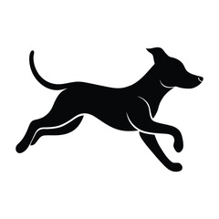 Black silhouette of a dog running with its tail up white background