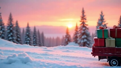 Red vintage truck carrying christmas gifts in a snowy winter landscape at sunset delivering joy - Powered by Adobe