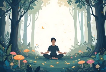 Mindfulness Meditation in Serene Forest: A Tranquil Illustration of Inner Peace and Nature's Harmony