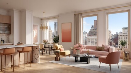 Fototapeta premium Open-plan living space with city views.