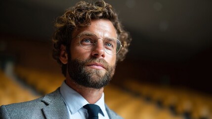 Professional man with curly hair and glasses in a conference setting