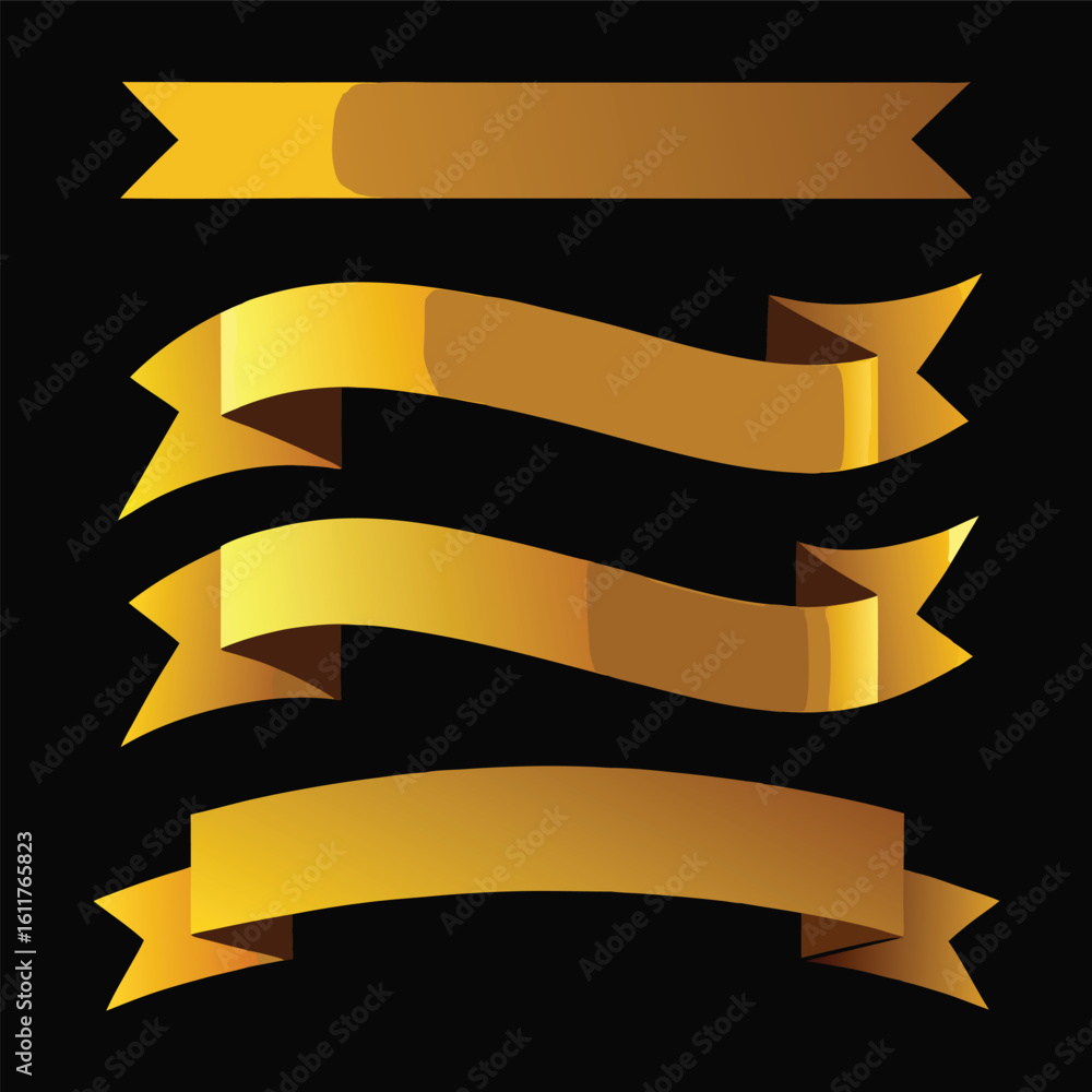 Poster set of four golden ribbons on black background for design elements and decoration with copy space fo