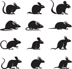 Collection of Stylized Mouse Silhouettes Depicting Rodents in Various Poses Standing Sitting and Curled Perfect for Graphic Design and Illustration Projects