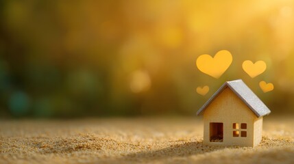 Miniature Wooden House with Heart Icons Symbolizing Love and Home