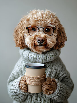 Adorable goldendoodle wearing glasses and cozy sweater holding a coffee cup