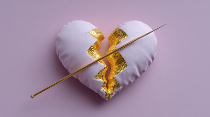 Broken Heart with Gold Repair and Needle on Purple Background