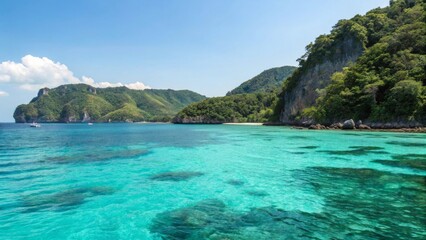 Fototapeta premium Serene Tropical Seascape with Lush Green Mountains and Clear Water