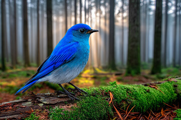 Obraz premium Vibrant Azure Bird Perched on Mossy Log in Misty Forest Scenery
