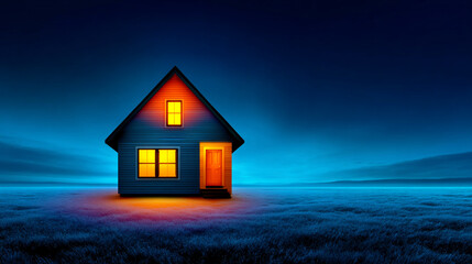 Glowing House In Dreamy Landscape At Night With Warm Light