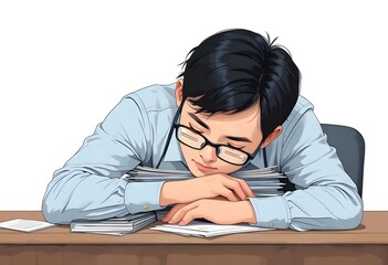 Exhausted Young Man Sleeping on a Desk Amidst Stack of Documents