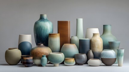 Various ceramic vases and bowls arranged in a  setting.
