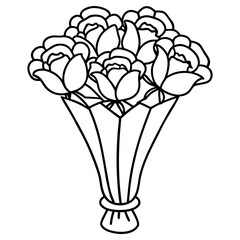 A bouquet of roses is presented in a black and white line drawing isolated on a white background