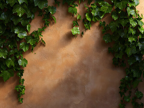 Light-drenched terracotta wall adorned with cascading greenery.  Ivy climbs the textured surface, casting soft shadows.  A warm, inviting backdrop