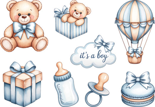 Baby shower elements with teddy, balloon and gift. Watercolor Illustration Set newborn baby. 