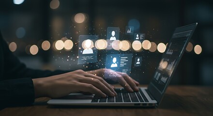 Person using laptop with digital hr interface for recruitment and analysis