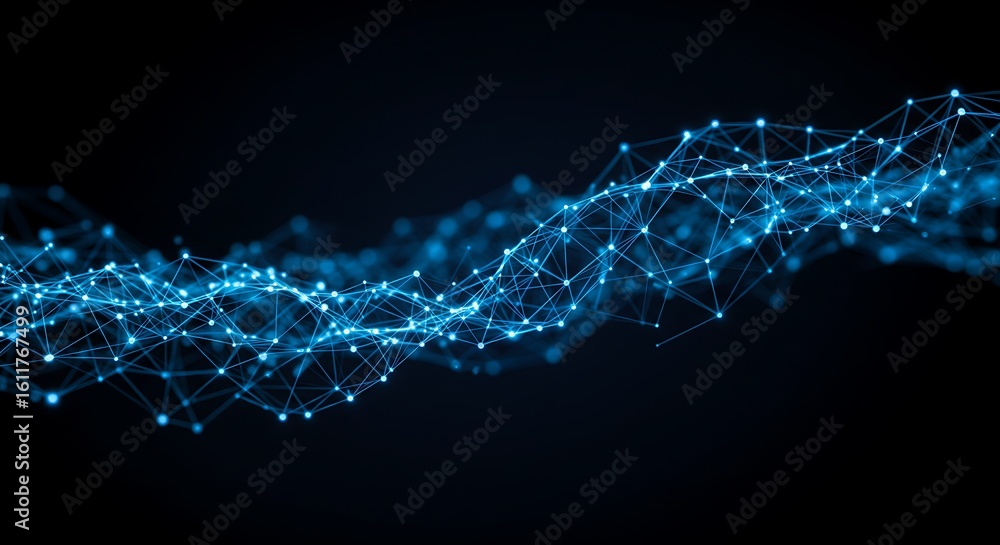 Poster abstract blue network of connected dots and lines on dark background