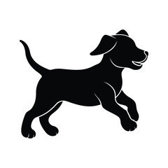 Black silhouette of a happy puppy running with its mouth open black and white