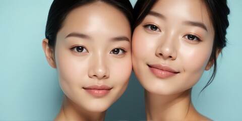 Two beautiful Asian women with radiant natural skin and wet makeup in close-up pose as a beautiful woman.