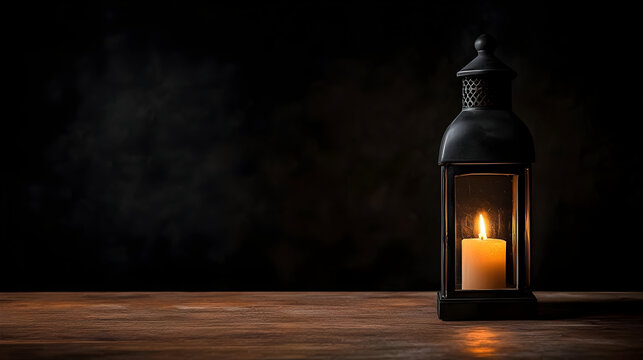 A black lantern with a lit candle sits on a wooden table against a dark background