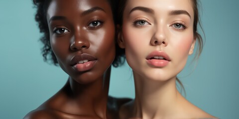 Two beautiful women with different skin tones showcasing natural beauty and diversity