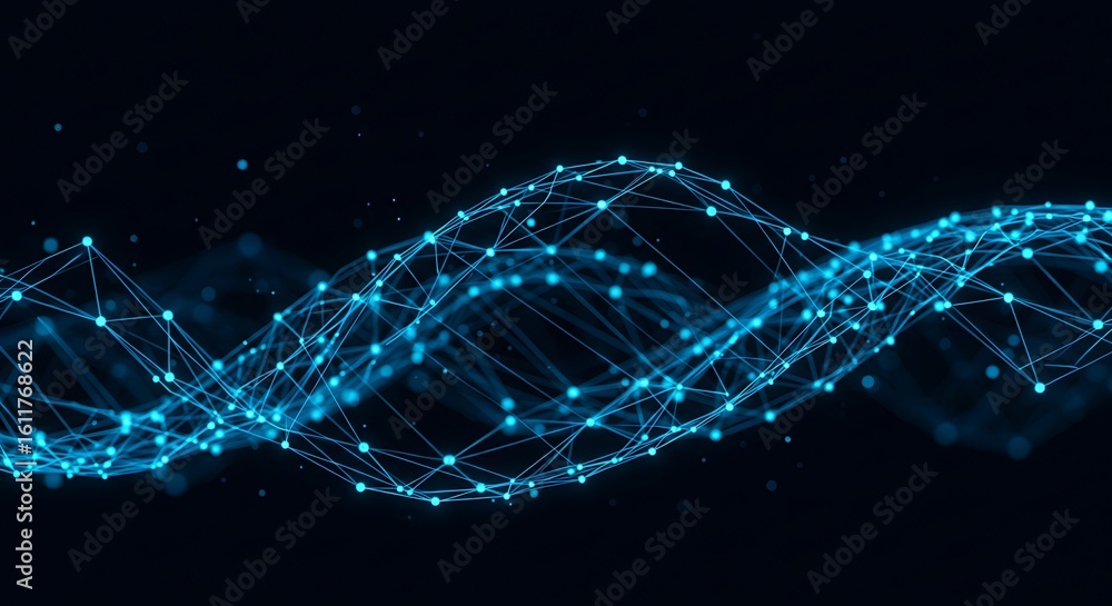 Poster blue network of connected dots and lines forming a wave on dark background