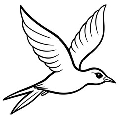 A simple black and white drawing of a bird in flight, isolated on white background