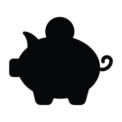 Black silhouette of a piggy bank with a coin on top white