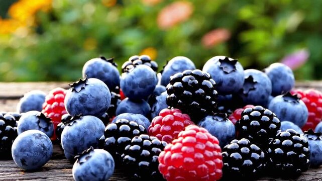 Blueberries, blackberries and raspberries are falling onto wooden surface on a summer garden background 