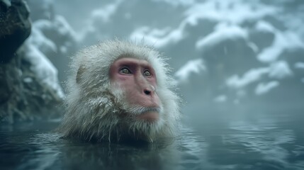 Naklejka premium Japanese Snow Monkey Relaxing in Hot Spring Surrounded by Snow and Steam – Serene Winter Wildlife Scene