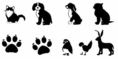 Vector  silhouette illustration featuring a cat, dogs, paw prints, a parrot, a chicken, and a rabbit in black