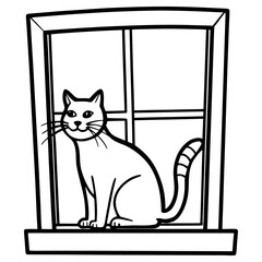 A cartoon cat sits in a window, isolated on white background, with a playful expression and a curled tail