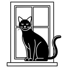 A black cat sits in a window, isolated on white background, creating a striking silhouette