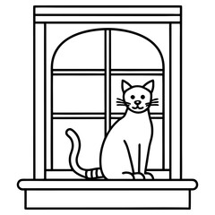 A cute cat sits in a window, isolated on white background, looking out with curiosity