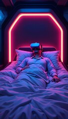 Futuristic Sleep VR Experience: Man in Bed Using Virtual Reality Headset in Neon-Lit Room