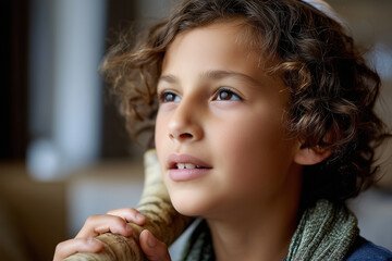 Jewish boy blowing shofar (ritual ram's horn), side lighting, indoors, emotion on face