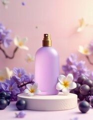 Purple perfume bottle with blueberries and white flowers on pink background - luxury fragrance concept