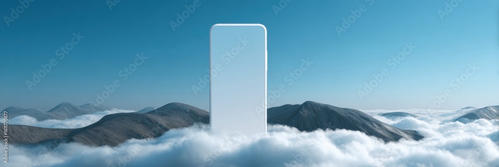 Poster floating mobile screen ad set against a serene digital landscape with clouds and mountains enhancing