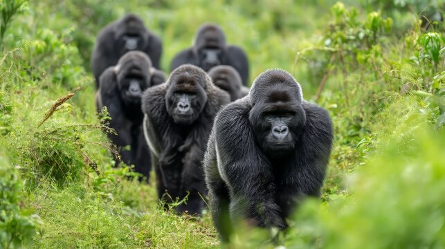 Group of Gorillas Moving Quietly Through Thick Jungle Led by Dominant Silverback
