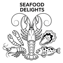 Seafood Delights Black and White Illustration with Lobster Shrimp Fish and Oyster