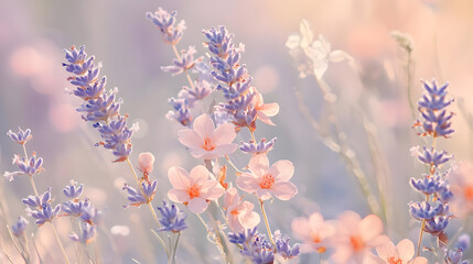 Pastel flowers in soft sunlight, delicate lavender and peach blossoms
