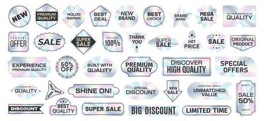Set of neon sticker, price tag, sale badge or product label with rainbow gradient light and holographic effect. Shiny emblem or pvc sticker with metal texture for black friday business offer marketing