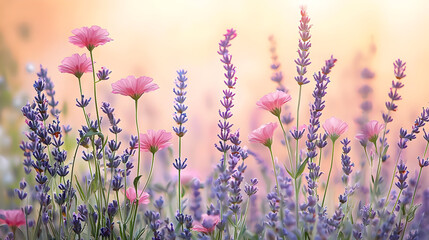 Delicate pink and purple flowers in a field at sunset. Soft light bathes the blossoms, creating a serene and romantic scene