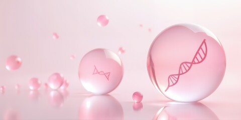Pink capsules and pills in glass sphere on soft pink background - pharmaceutical and healthcare concept