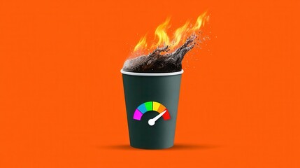 Coffee cup on fire with speedometer symbolizing energy boost